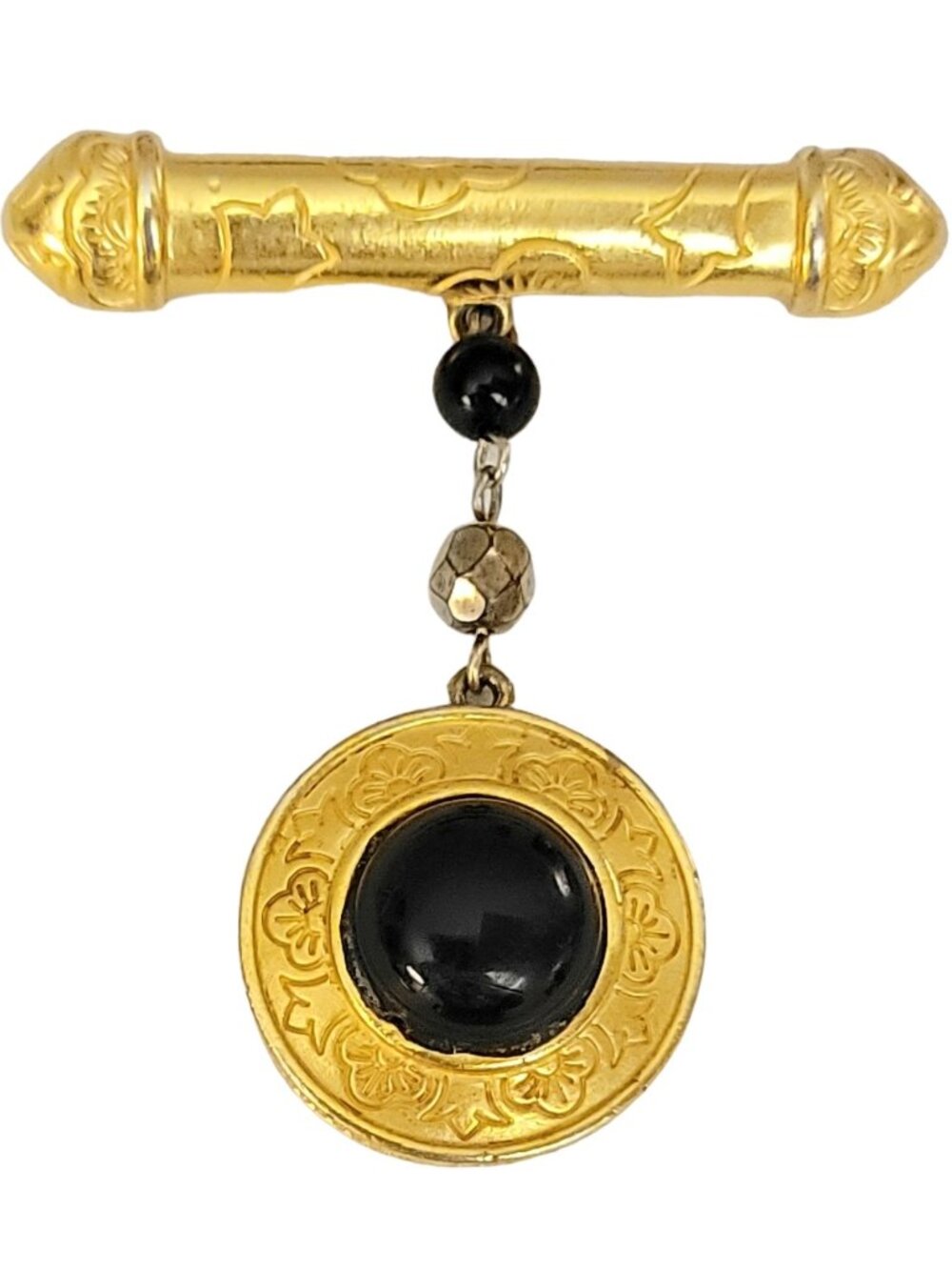 Liz Claiborne Gold Tone Black Cab Medallion Bar Dangle Brooch Pin, Signed M476